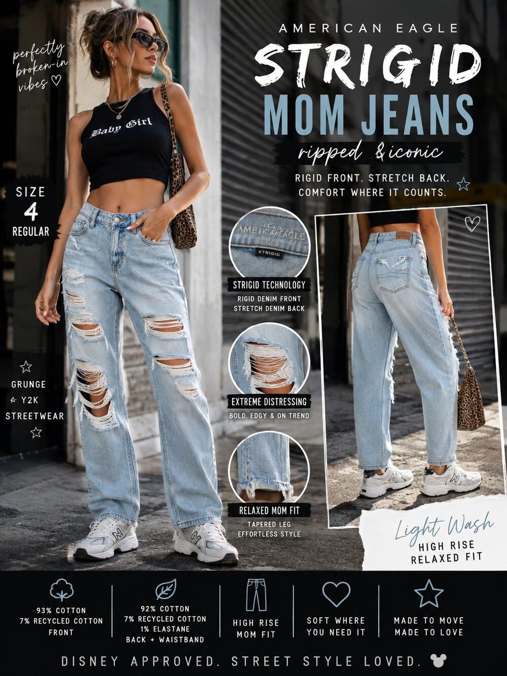 American Eagle Strigid Ripped Mom Jeans 4 Regular Light Wash Distressed